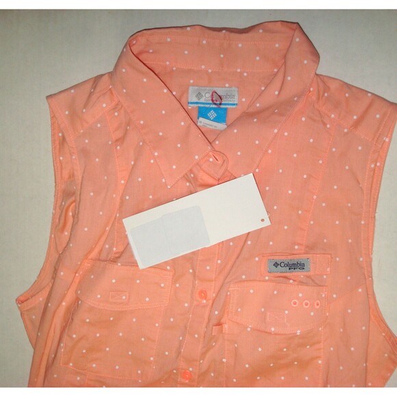 NWT New Womens Columbia Pink Peach Dot Dress PFG M White Pockets Cotton Rod Logo - Picture 4 of 10